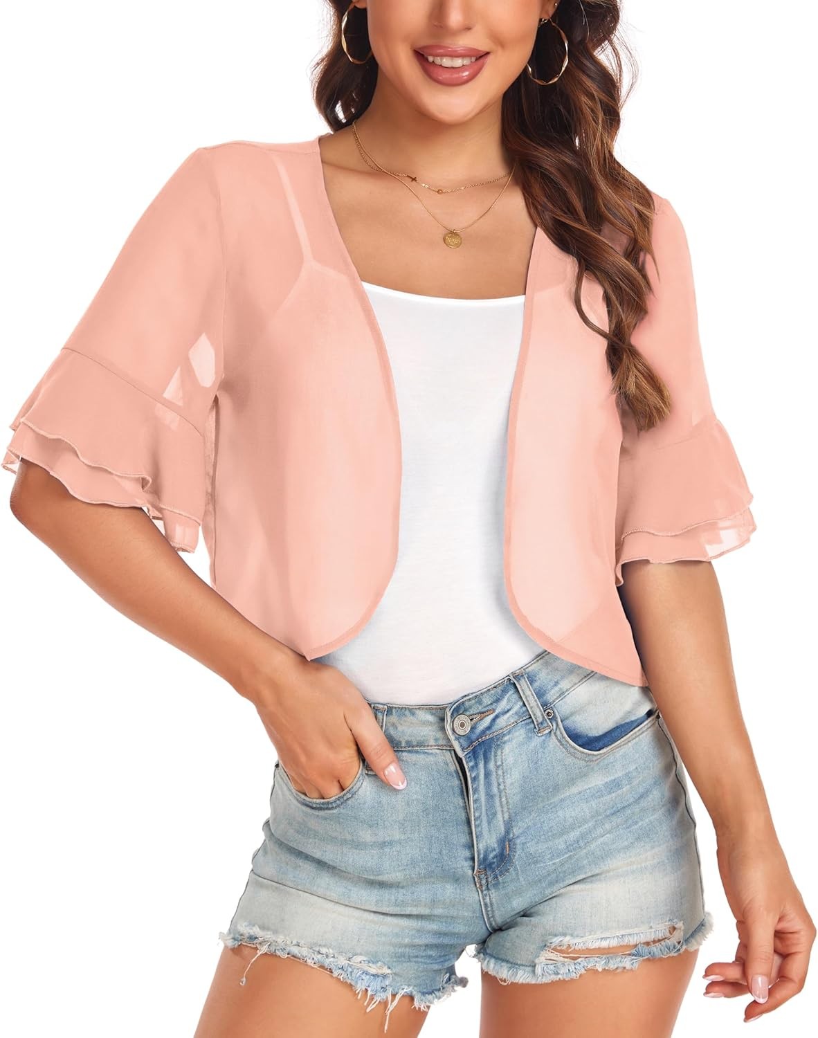 Womens Short Sleeve Shrug Open Front Sheer Ruffle Cardigan Lightweight Jacket