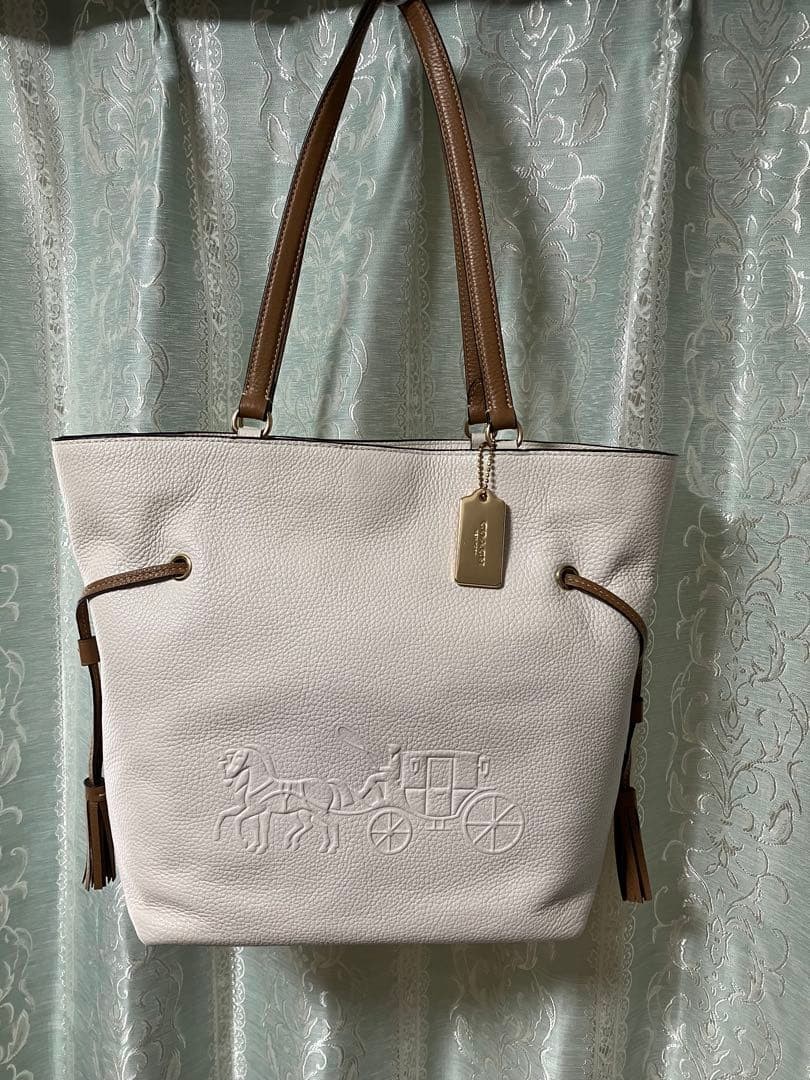 COACH Andy Tote Bag Leather Beige Ivory Carriage Logo 12a