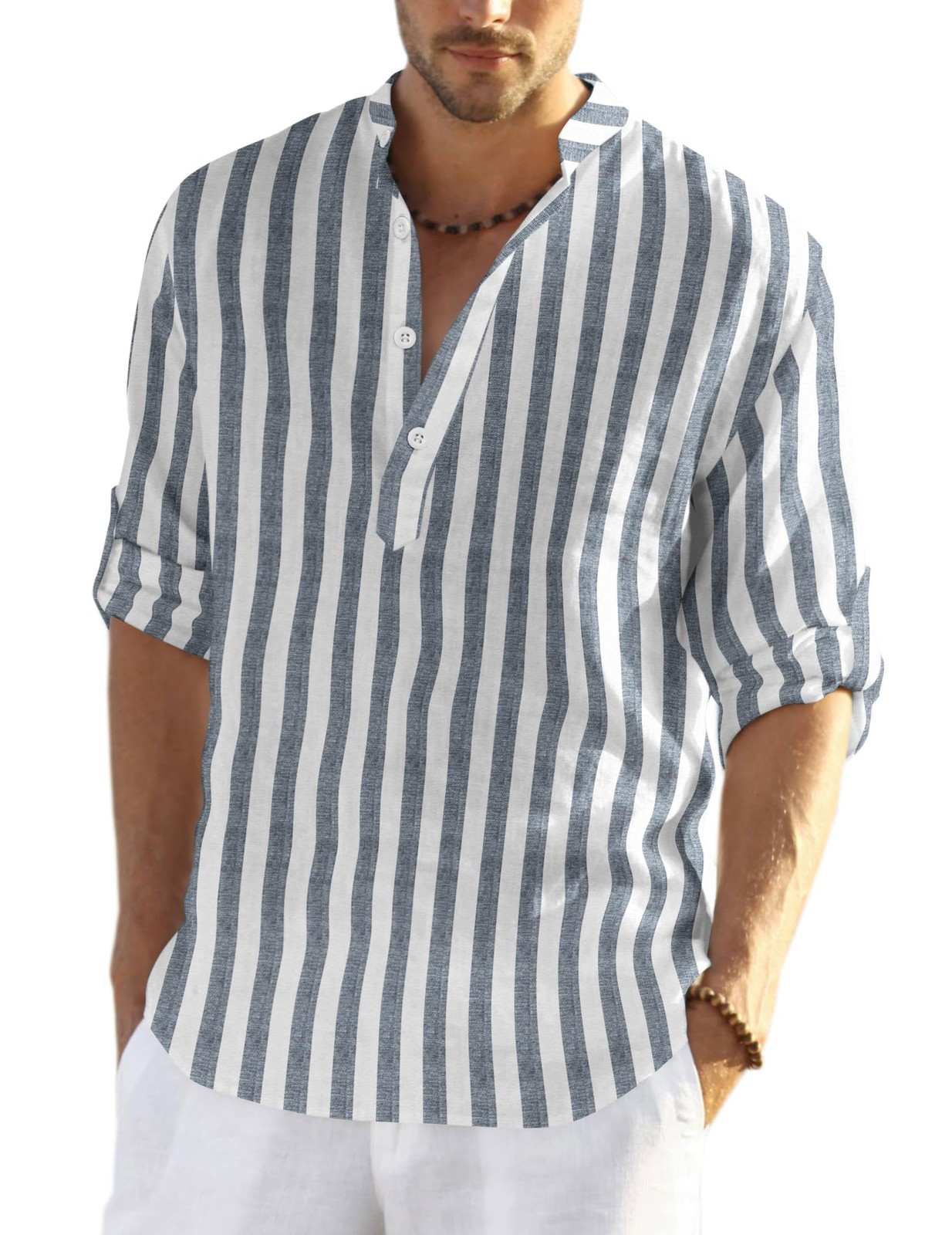 Men’s Cotton Hemp Long Sleeve Casual Beach Henley Shirt (Grey Blue Stripe,XL)