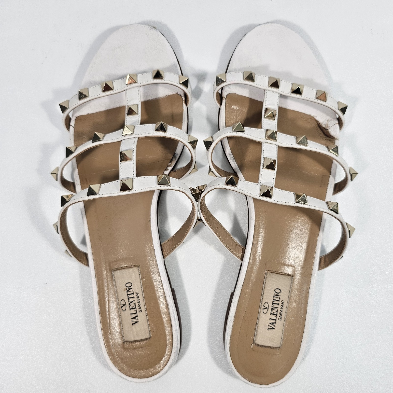 Valentino Garavani Rockstud White Leather Flat Slide Sandals Sz 38.5 US 8.5