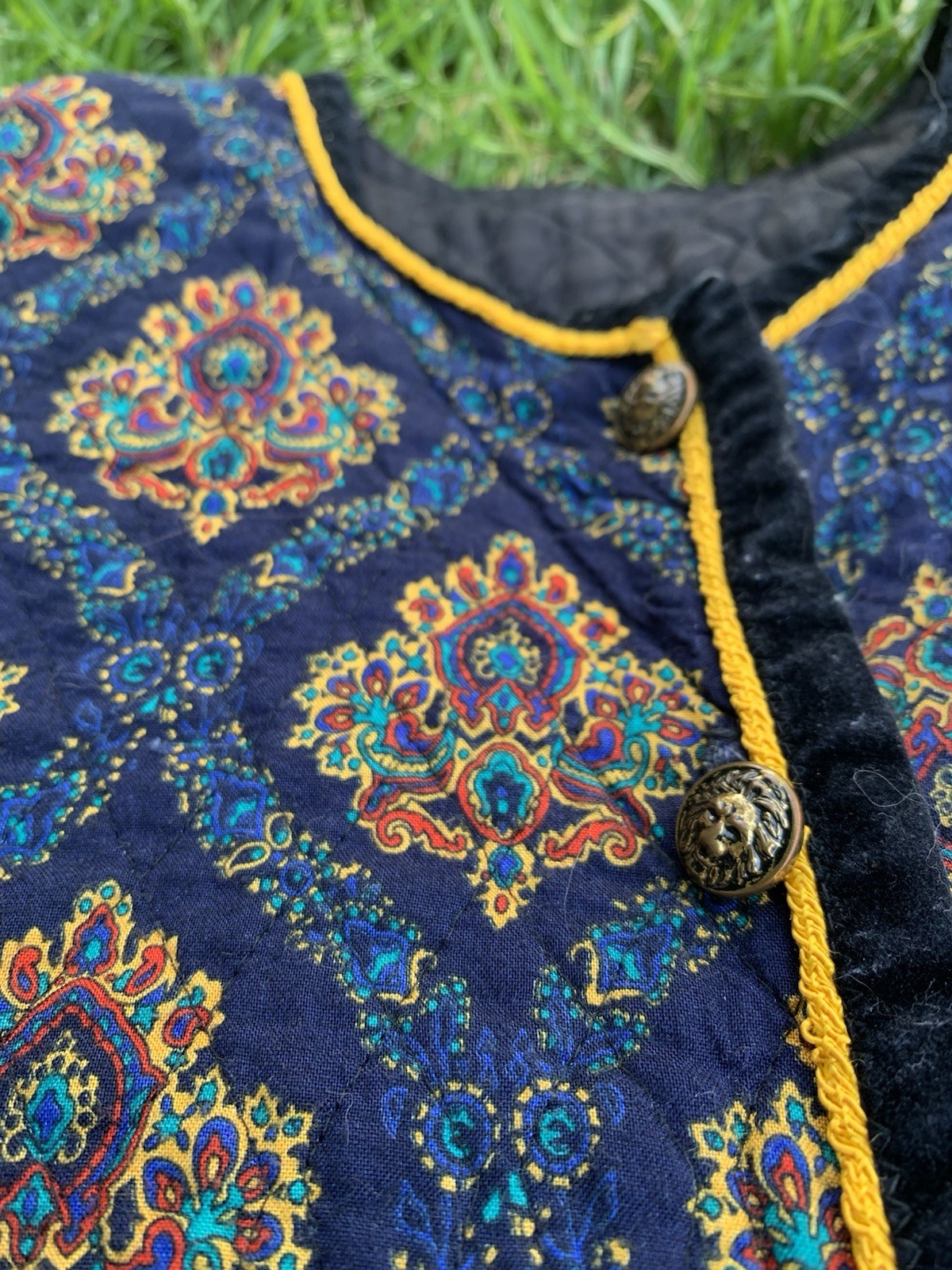 Women’s Blue Paisley Jacket, Button Front, Lined, Yellow Trim