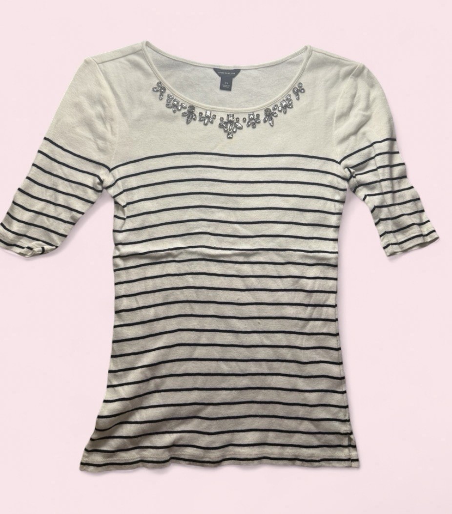 Ann Taylor Ivory/Black Striped Beaded Scoop Neck 3/4 Sleeve Knit Top XS