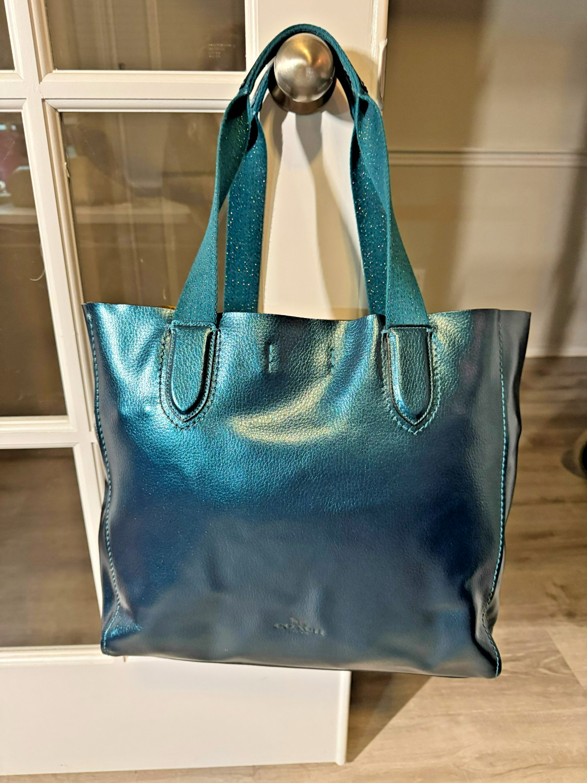 COACH Derby Tote Bag Metallic Pebble Leather Dark Teal Blue Green