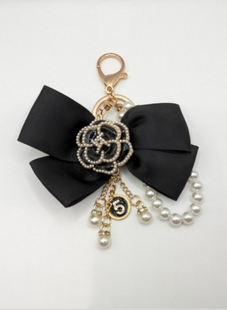 Camellia Bag Charm & Rhinestones – Black Bow & Faux Pearl | Stocking Stuffer