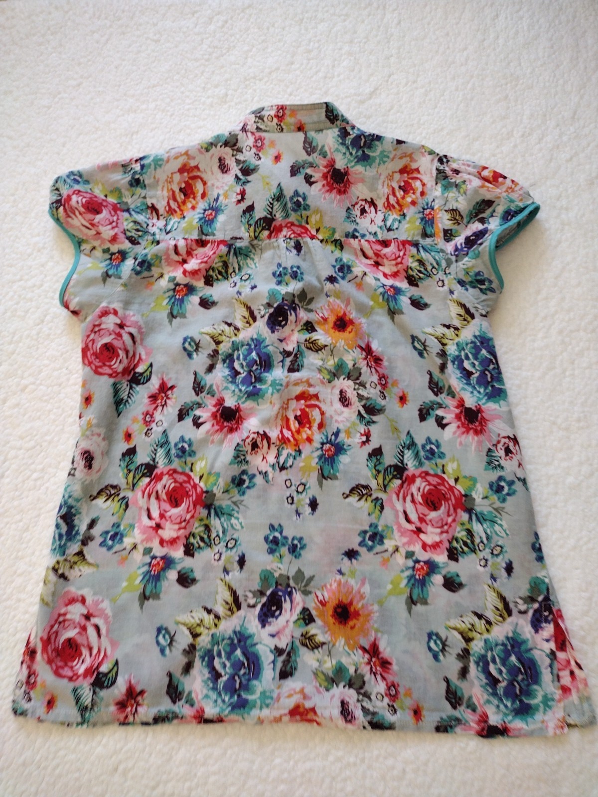 Unbranded Blouse Woman S Blue Floral Asian Style Short Sleeves Sheer Side Slits