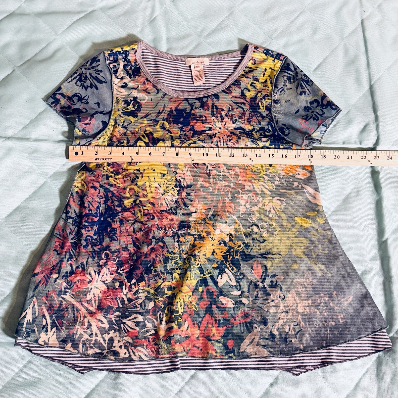 Sundance Shirt Top Sz S Double Layer Short Sleeve Floral Print Green Boho