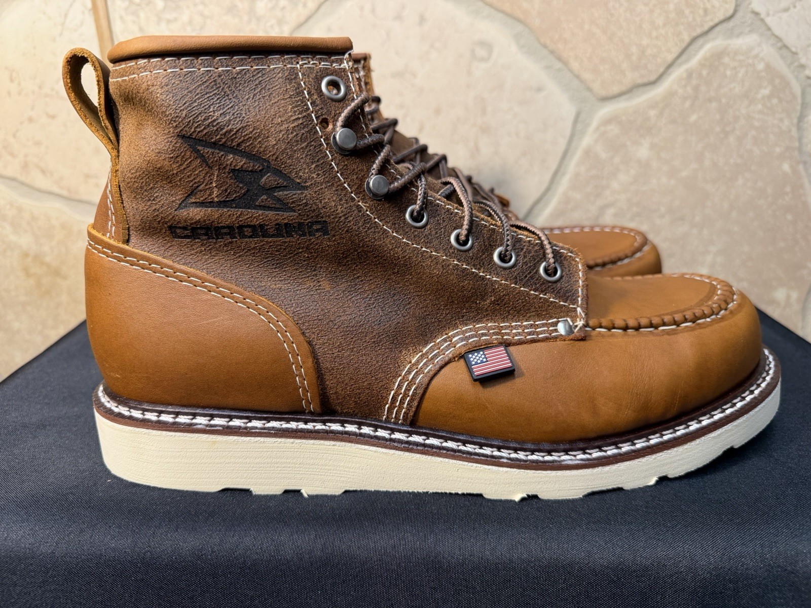 Mens 10.5 D 6″ Moc Soft Toe Wedge Work Boot Made In The USA Leather Tobacco