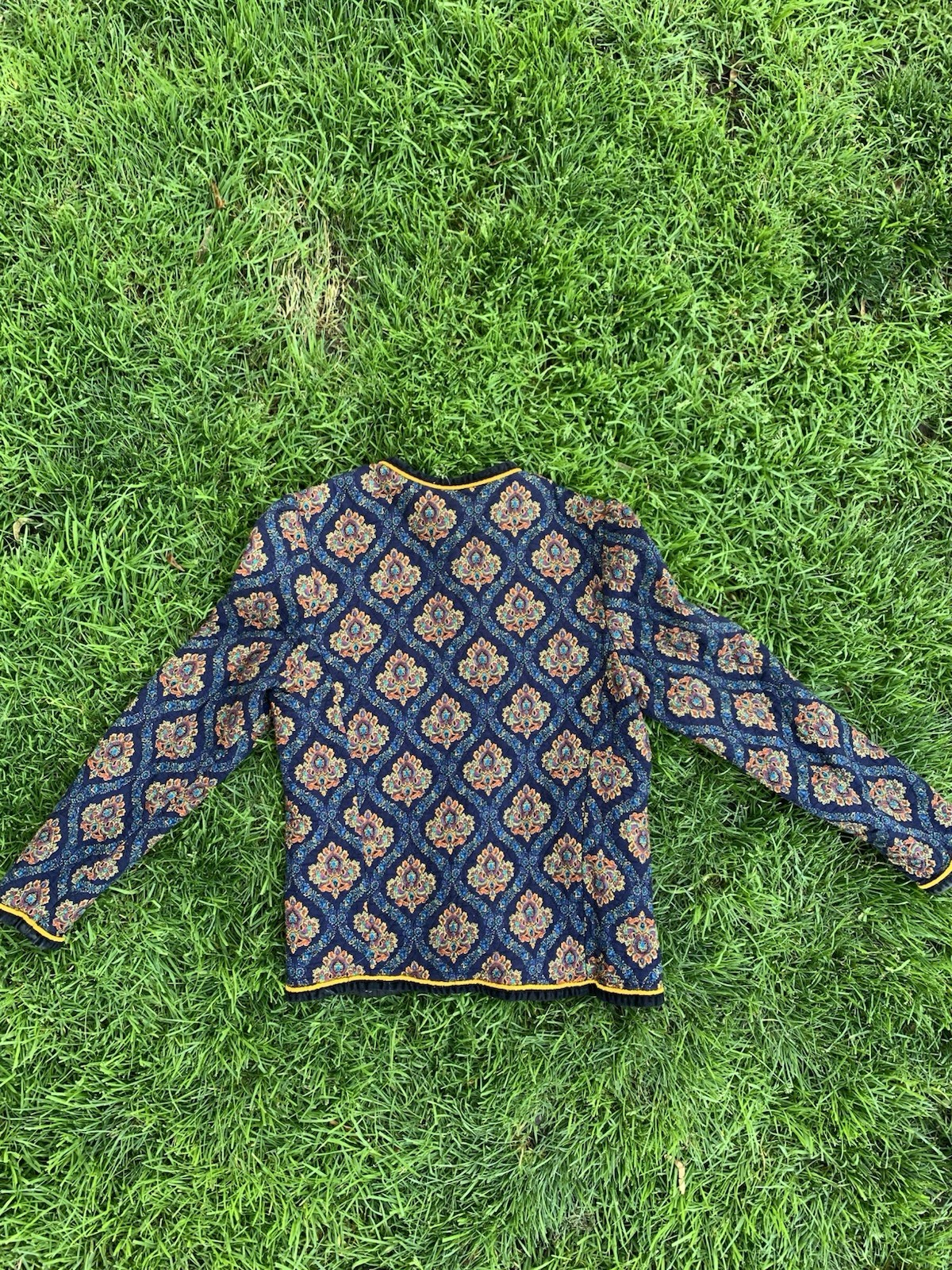 Women’s Blue Paisley Jacket, Button Front, Lined, Yellow Trim