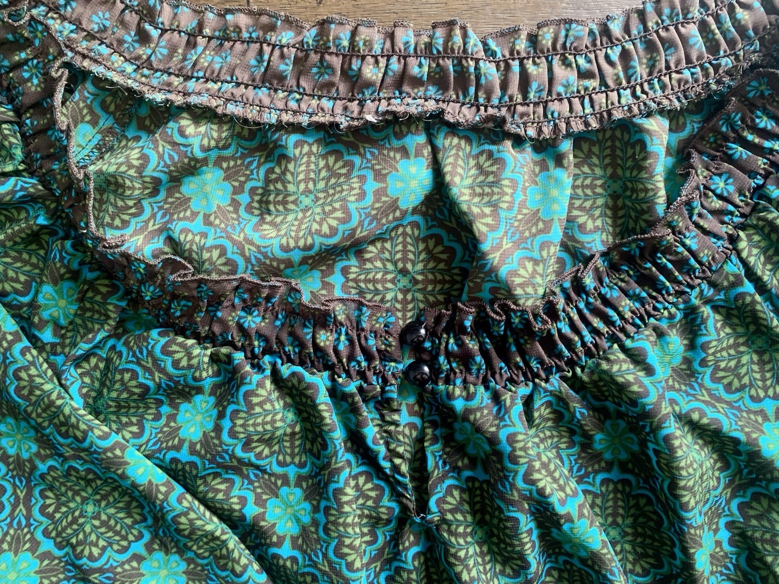 Teal Brown Floral Boho Peasant Blouse Smocked Off-Shoulder 3/4 Puff L