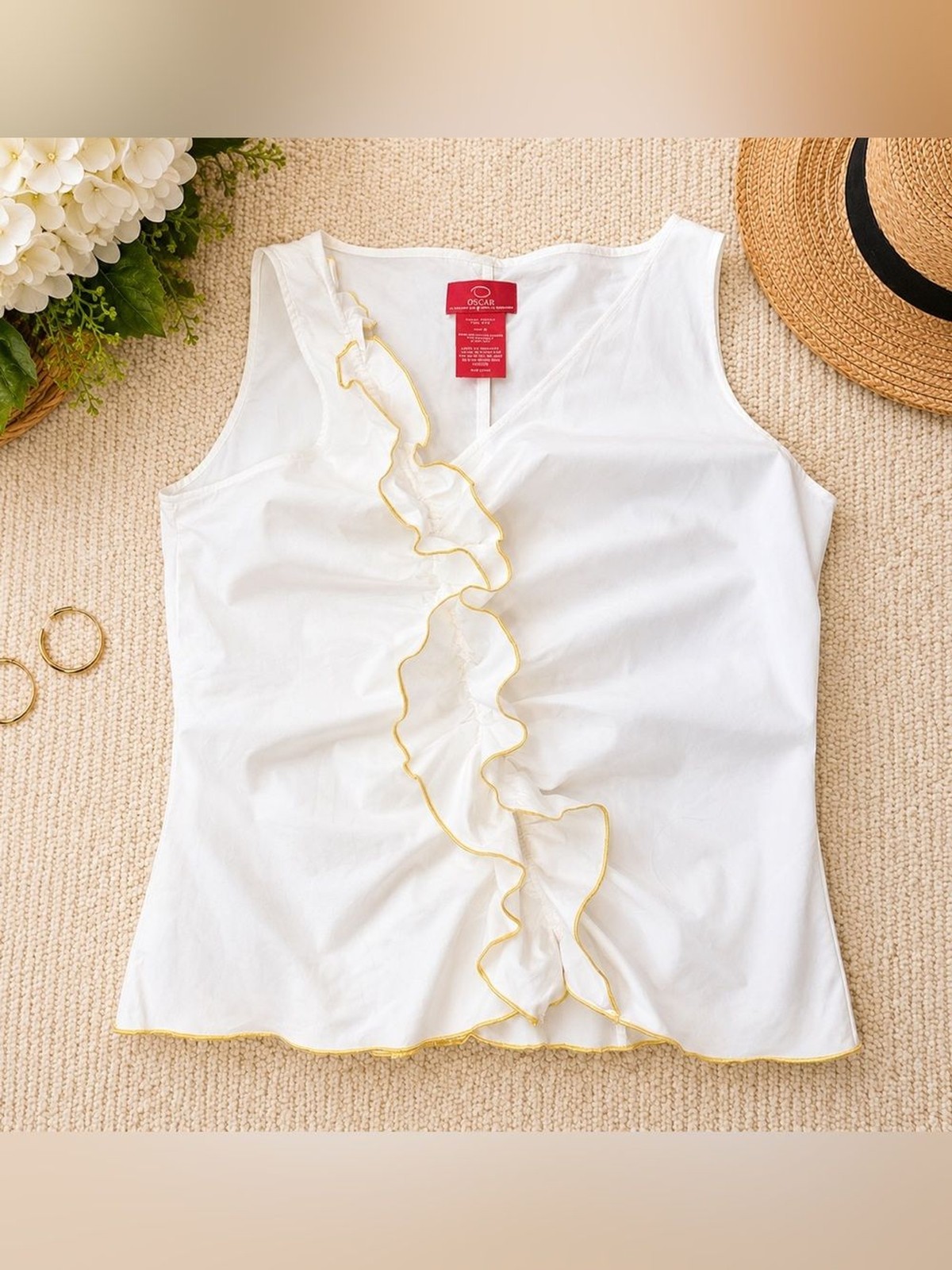 Oscar de la Renta White Sleeveless Ruffle-Front Sleeveless Blouse with Gold Trim