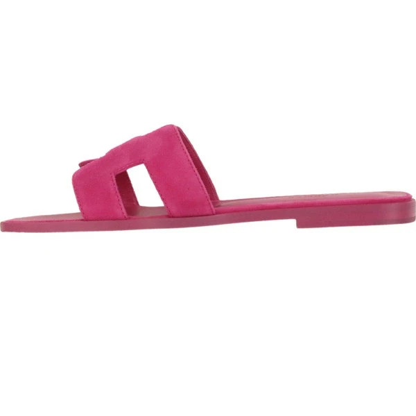 New Auth HERMES ORAN SANDAL Velor Chevre leather Pink Flat 37 size Women
