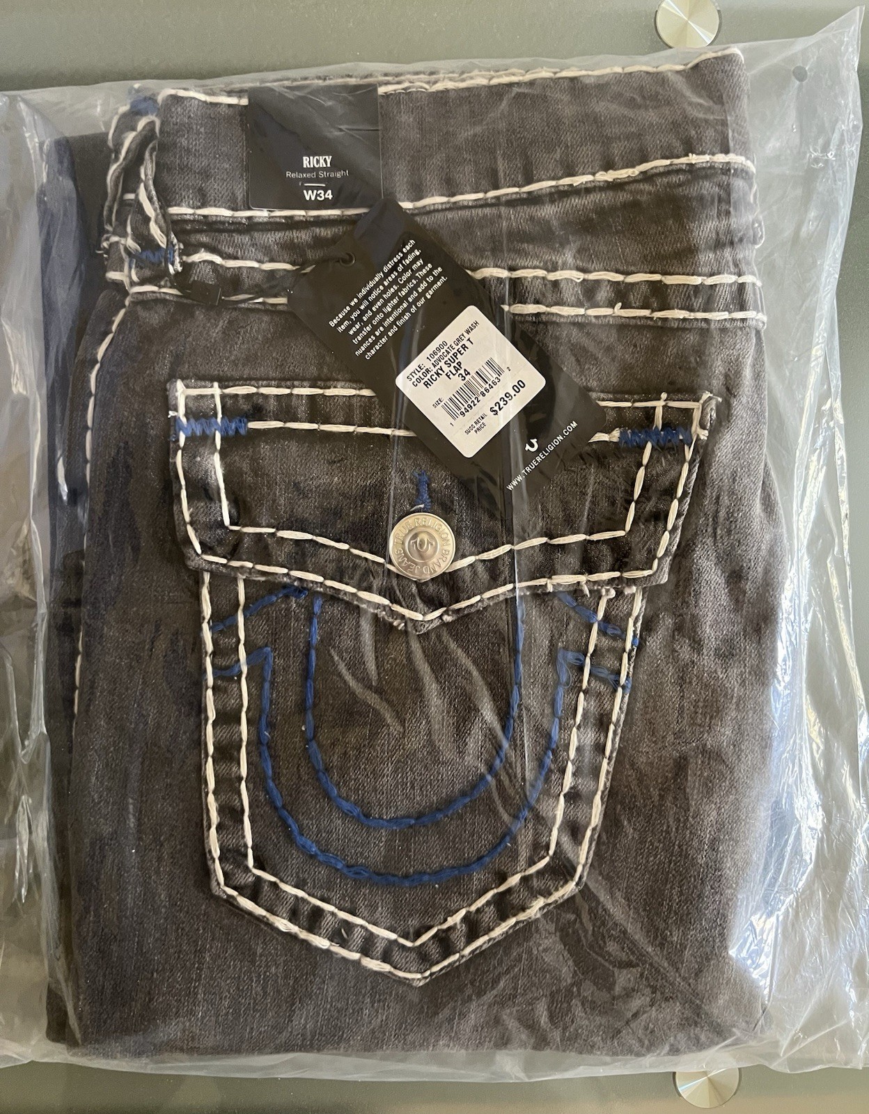 True Religion Ricky Super T Stitch Straight Jeans 34×32 **NWT SEALED**