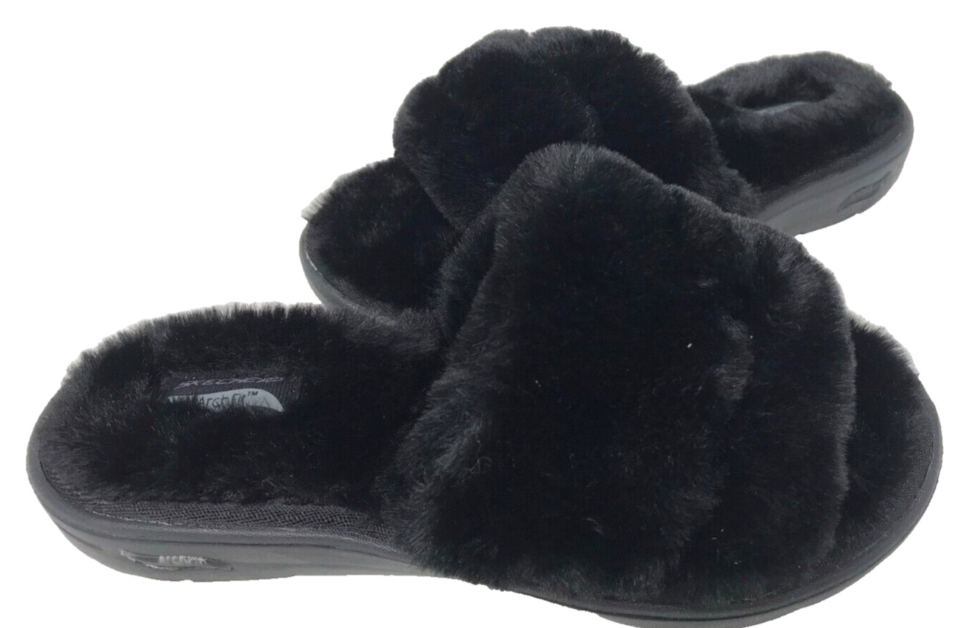 Skechers Women’s Arch Fit Lounge Unwind Faux Fur Slide Sandals Blk Size:7 201AC