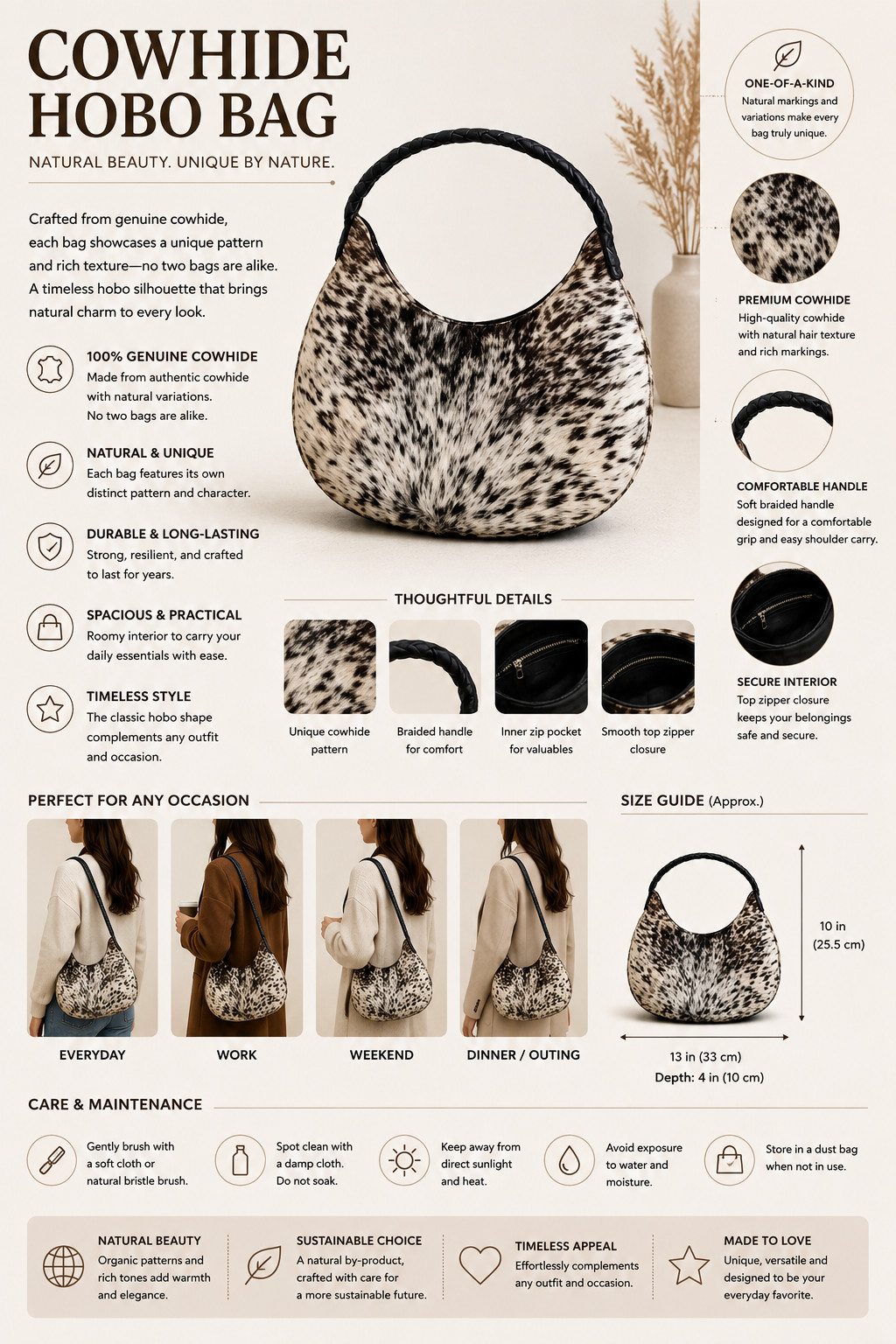 Genuine Cowhide Leather Tote Bag Brown White Hair On Hide Shoulder Handbag