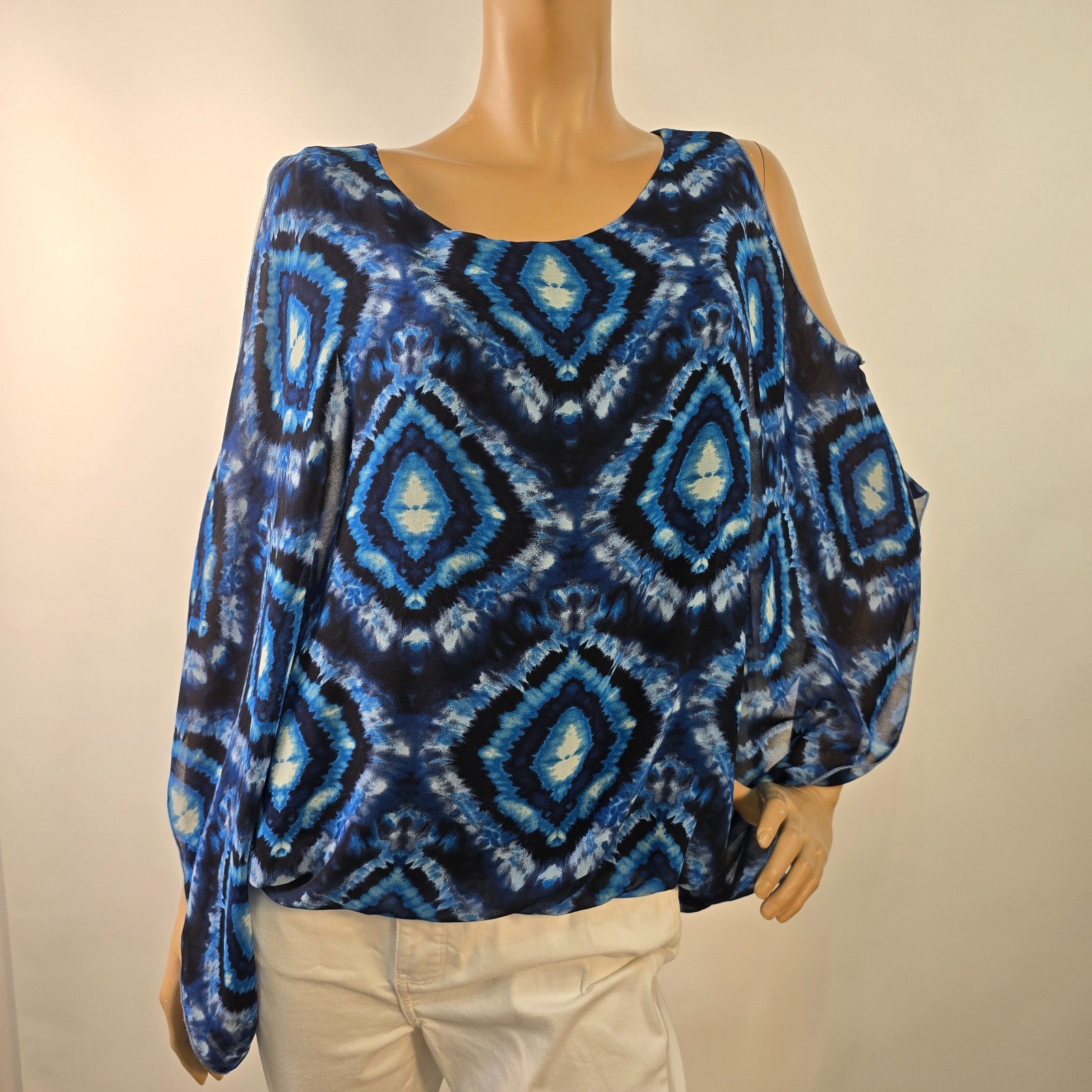 Karen Kane Cold Shoulder Scarf Blouson Top Ikat Style Tie-Dye Size L Made In USA
