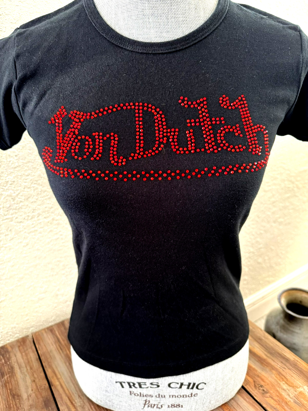 Vintage Von Dutch Red Rhinestone Logo Black Y2K Graphic T shirt Size S