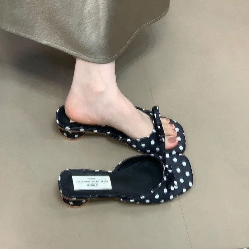 Gladiator Women Polka Dot Slippers Summer Thick Heel Mules Shoes Elegant Butter