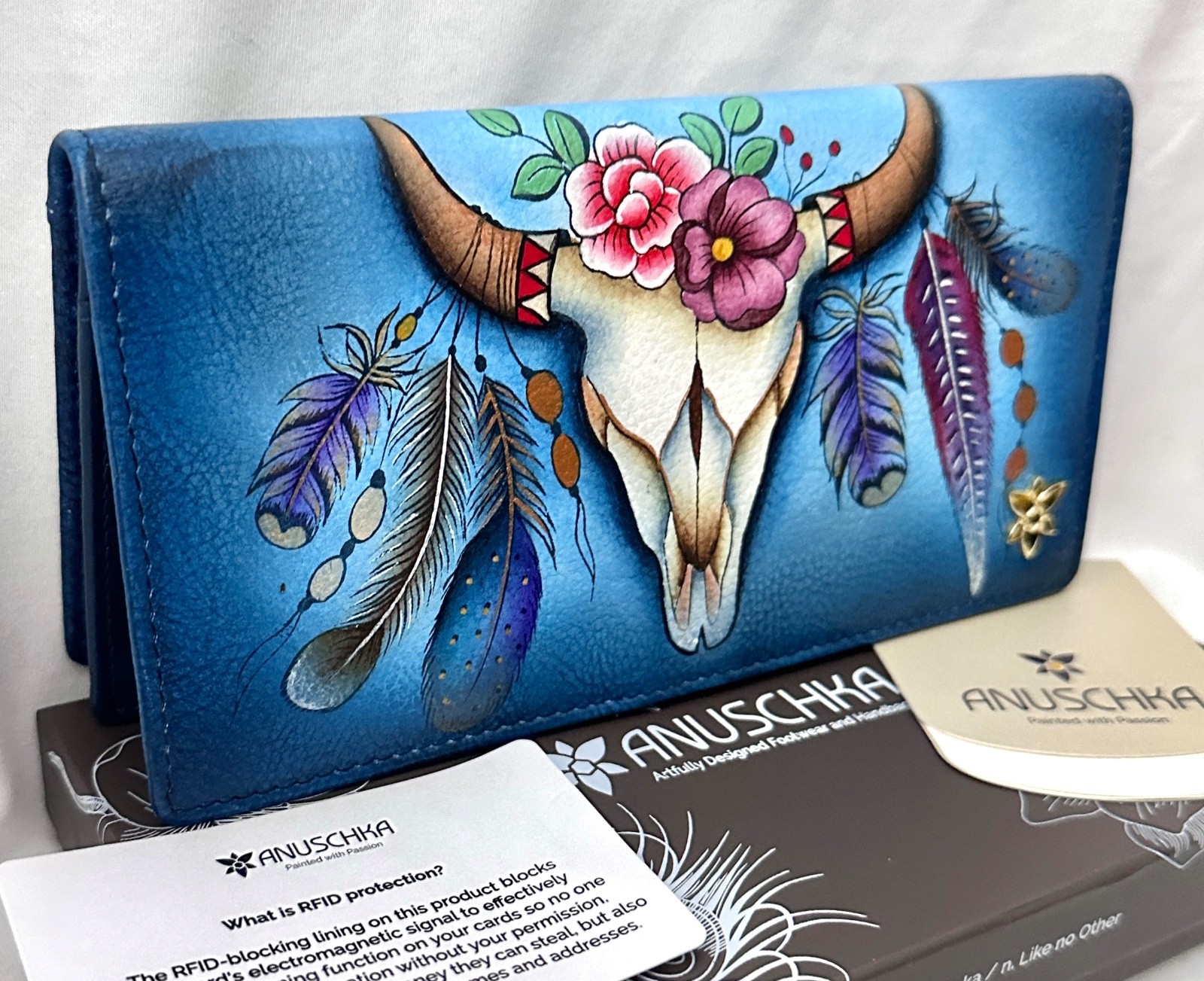 ANUSCHKA NWT🪶”RARE” RFID Bi-Fold Snap Clutch Wallet-Feather Skull Denim 1785