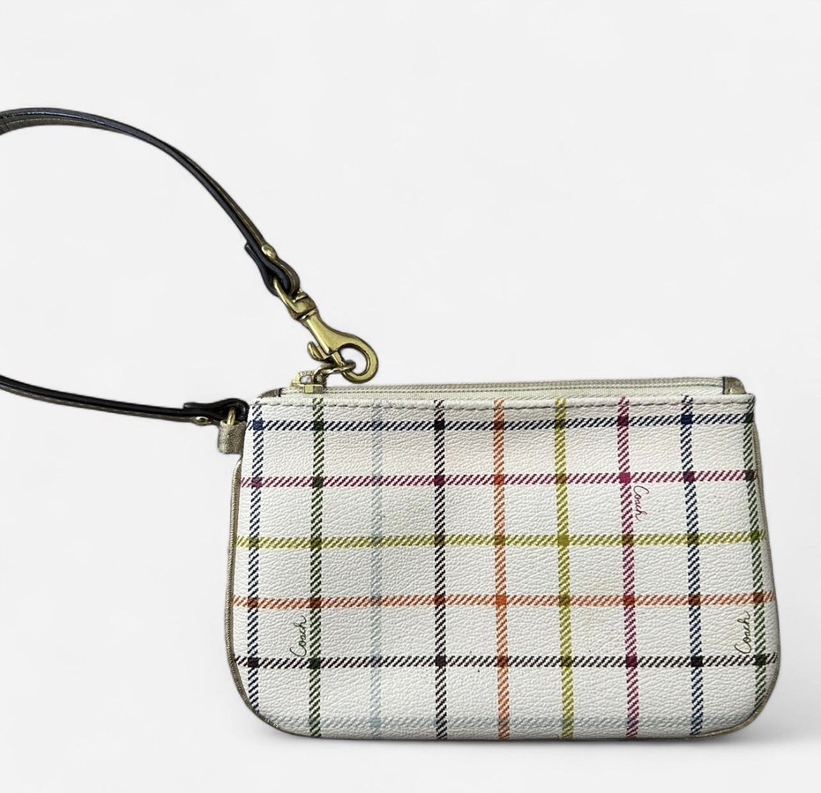 Ivory Plaid Zip Wristlet Pouch w/ Brown Leather Strap, Pink Lining, Gold