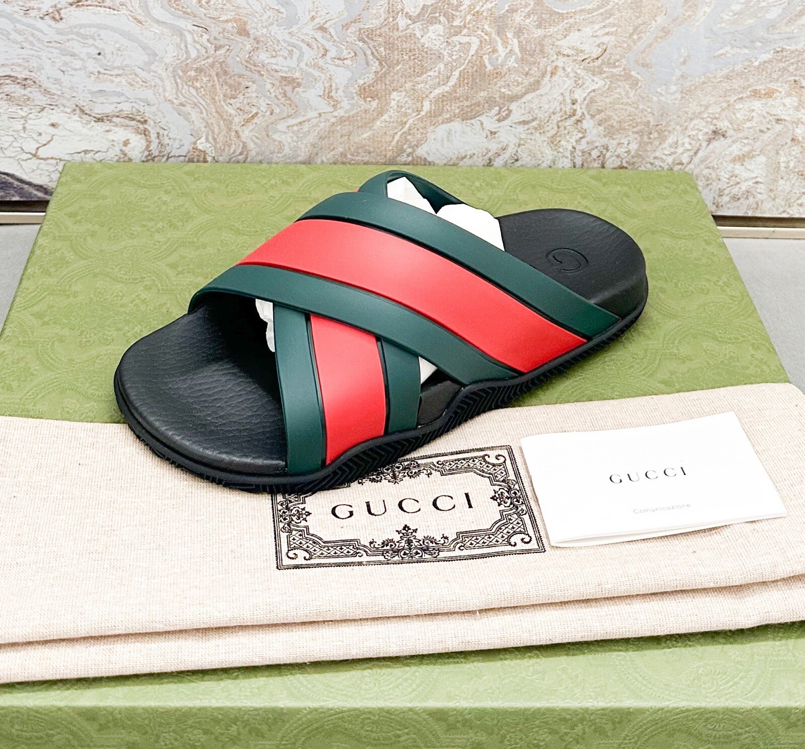 Gucci Rubber Web Criss Cross Slide Sandals
