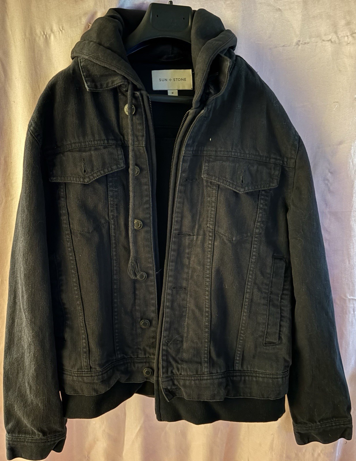 SUN + STONE Men’s Black Hooded Jacket Pockets Zip/Button, Long Sleeve