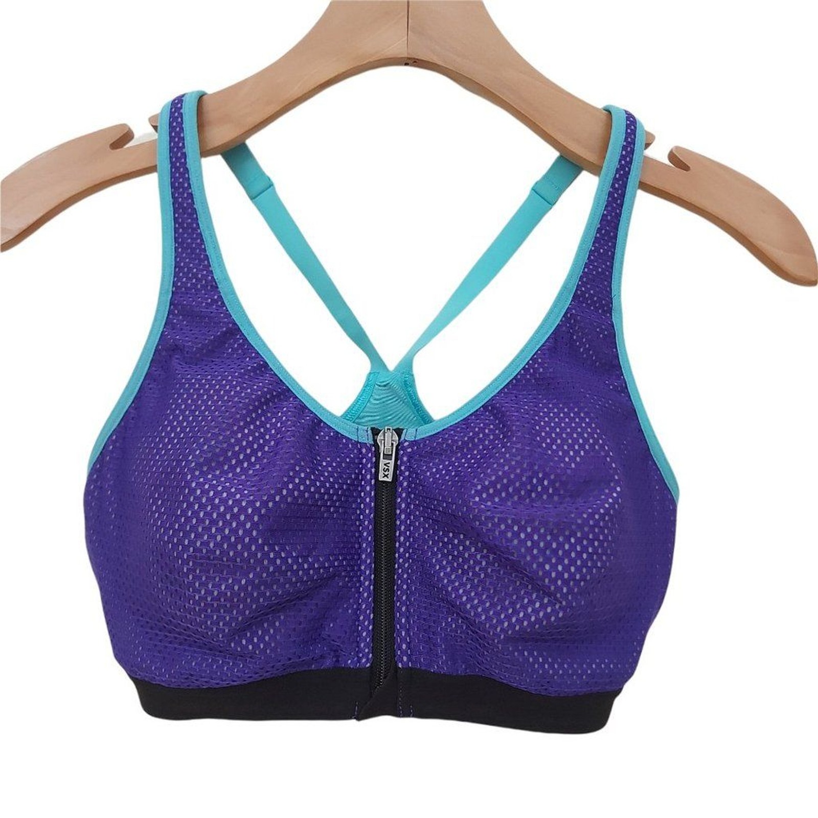 VSX Victoria’s Secret Womens 32C Purple Teal Front Zip Crossback Mesh Knockout