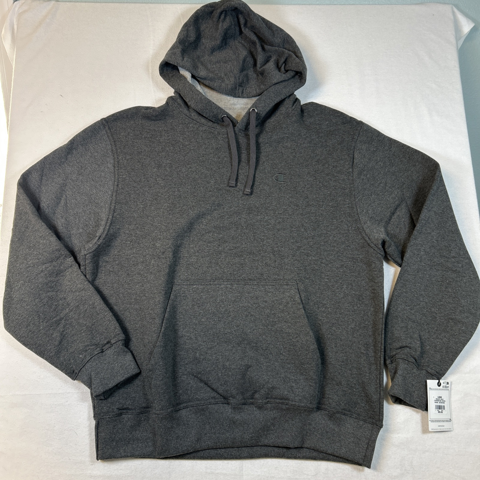 Champion Powerblend Mens Large Fleece Hoodie Granite Gray Logo Embroidered