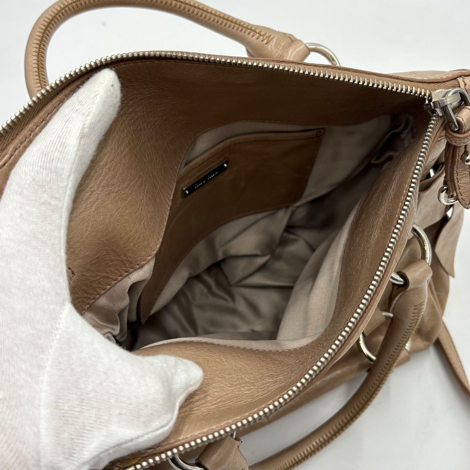 Miu Miu Vitello Shine 2Way Shoulder Bag Pink Beige Side Ribbon Y2K Handbag Auth