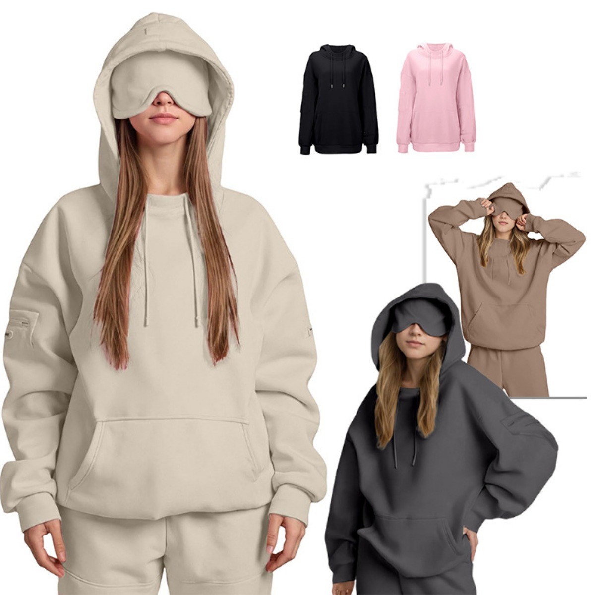Hoodie with Eye Mask Built In, Airplane Mode Travel Hoodies with Hidden Pockets