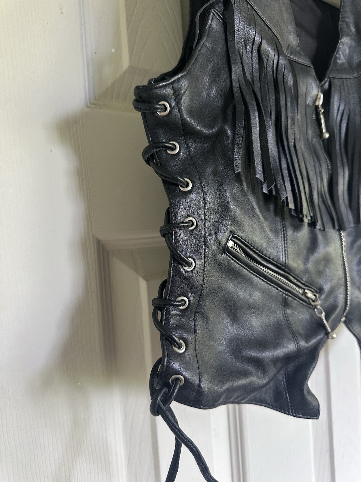 Vintage Easyriders Vest Womens Small Leather Fringe Lace Up Biker Motorcycle 90s