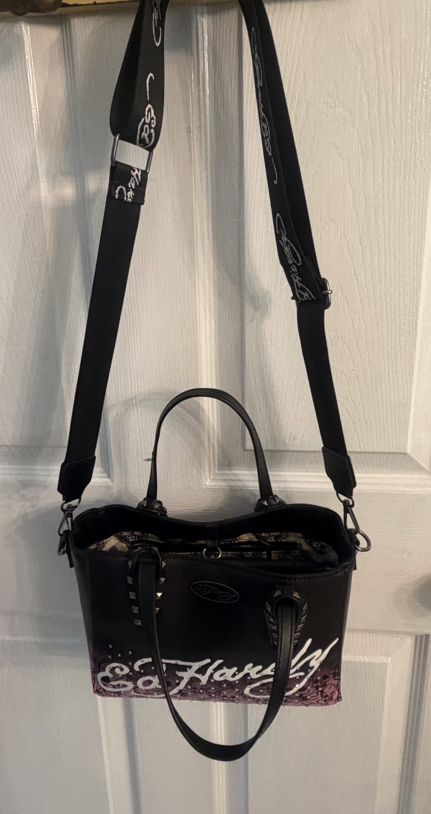 Ed Hardy Black and Pink Skull Shoulder Bag
