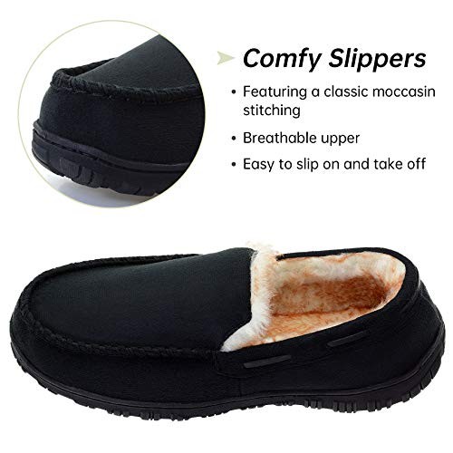 Mens Moccasin Slippers Indoor Outdoor Slip on Warm House Shoes 10 Black