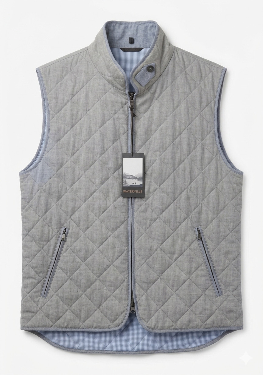 Waterville Fit Gray Quilted Vest Linen Cotton Lightweight Slim Fit 2XL (EU 56)