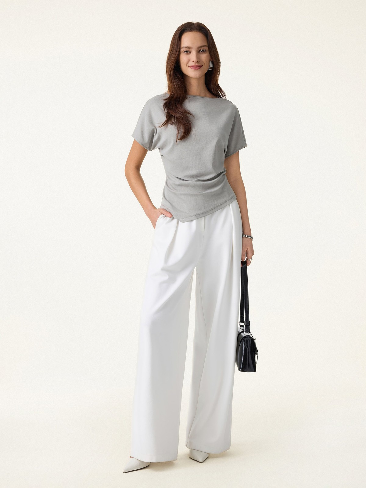 OGL Cotton Lyocell Boatneck Angled Tee Women Summer Casual Top