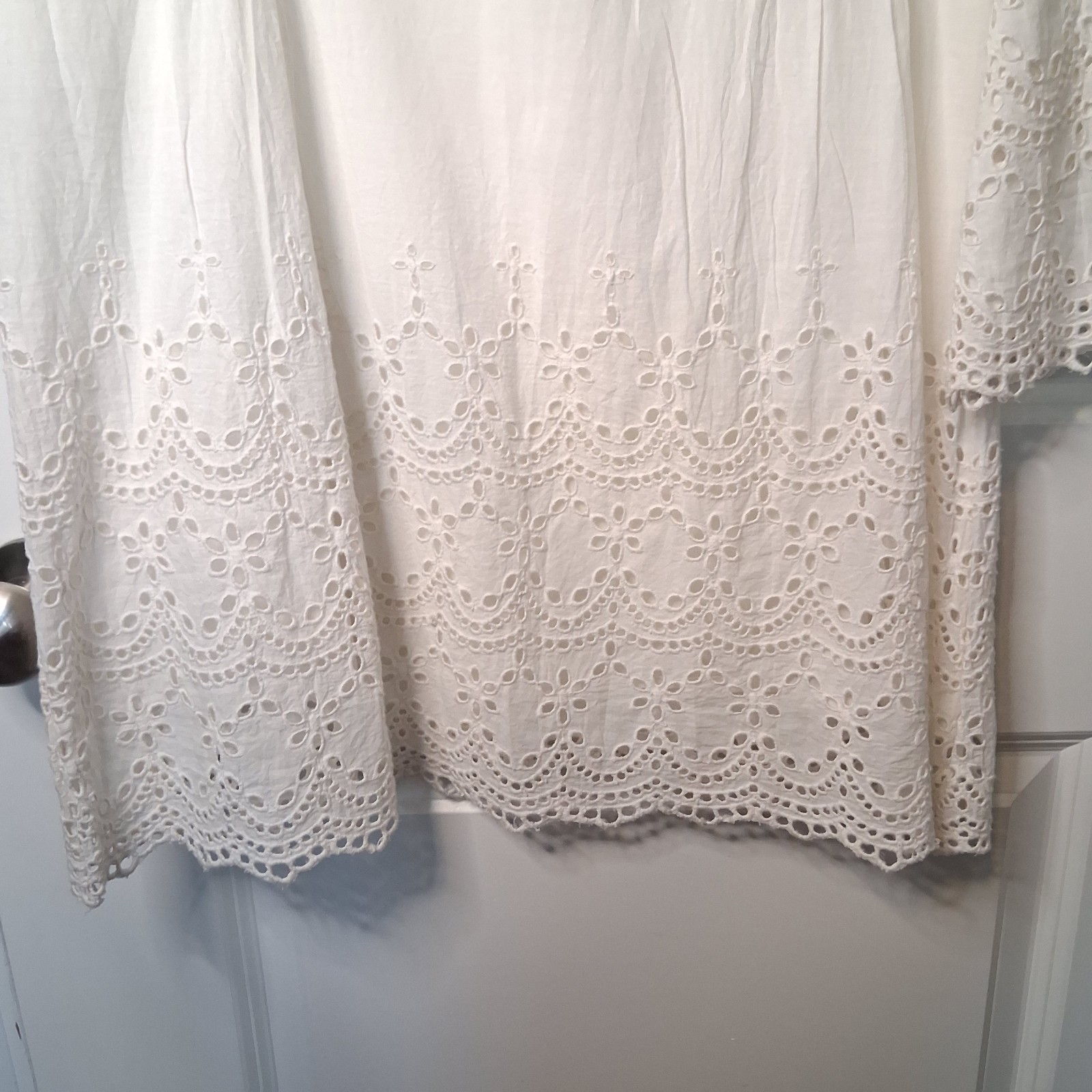 Cute Options Romantic Boho White Cotton Lace Trim Pintuck Tunic Blouse-Size M