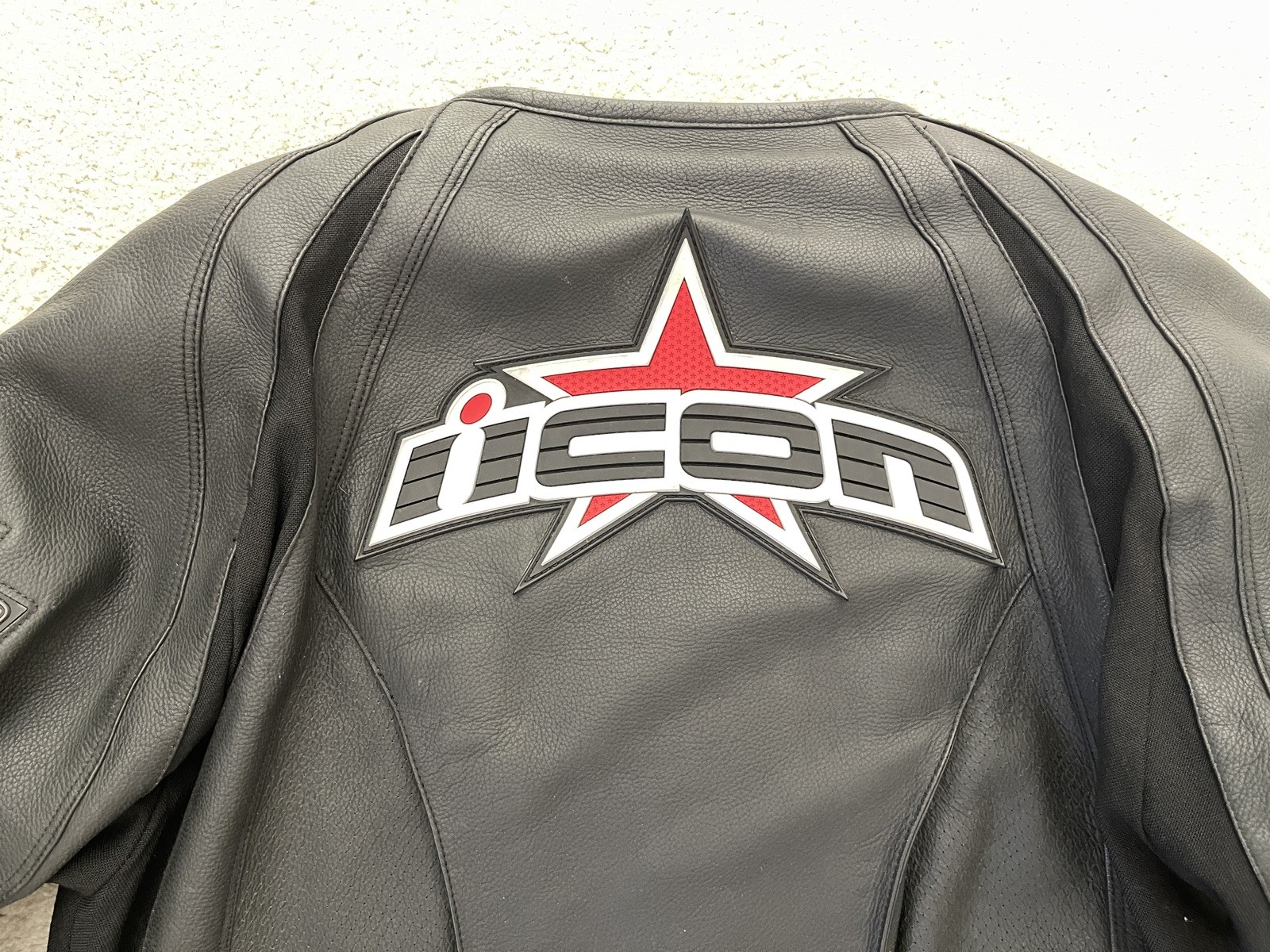 Icon Racing Logo Embroidered Black Leather Merc Hero Moto Jacket Mens Medium M