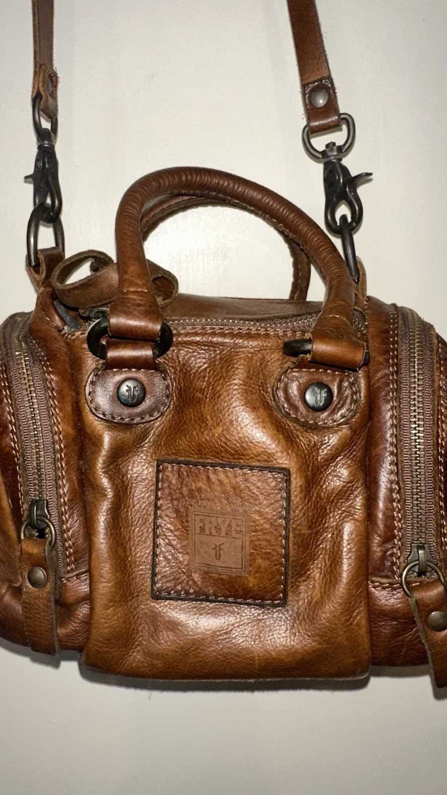 Frye Brown Satchel Top Handle Bag Zip Closure Detachable Adjustable Strap