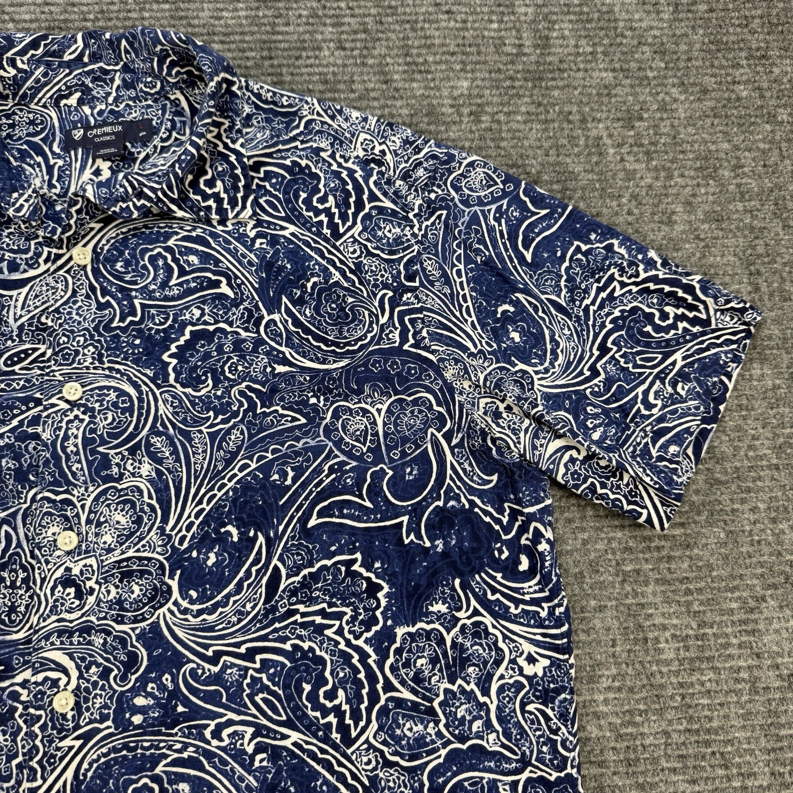 Cremieux Classics Mens Large Blue Paisley Short Sleeve Button Front 100% Cotton