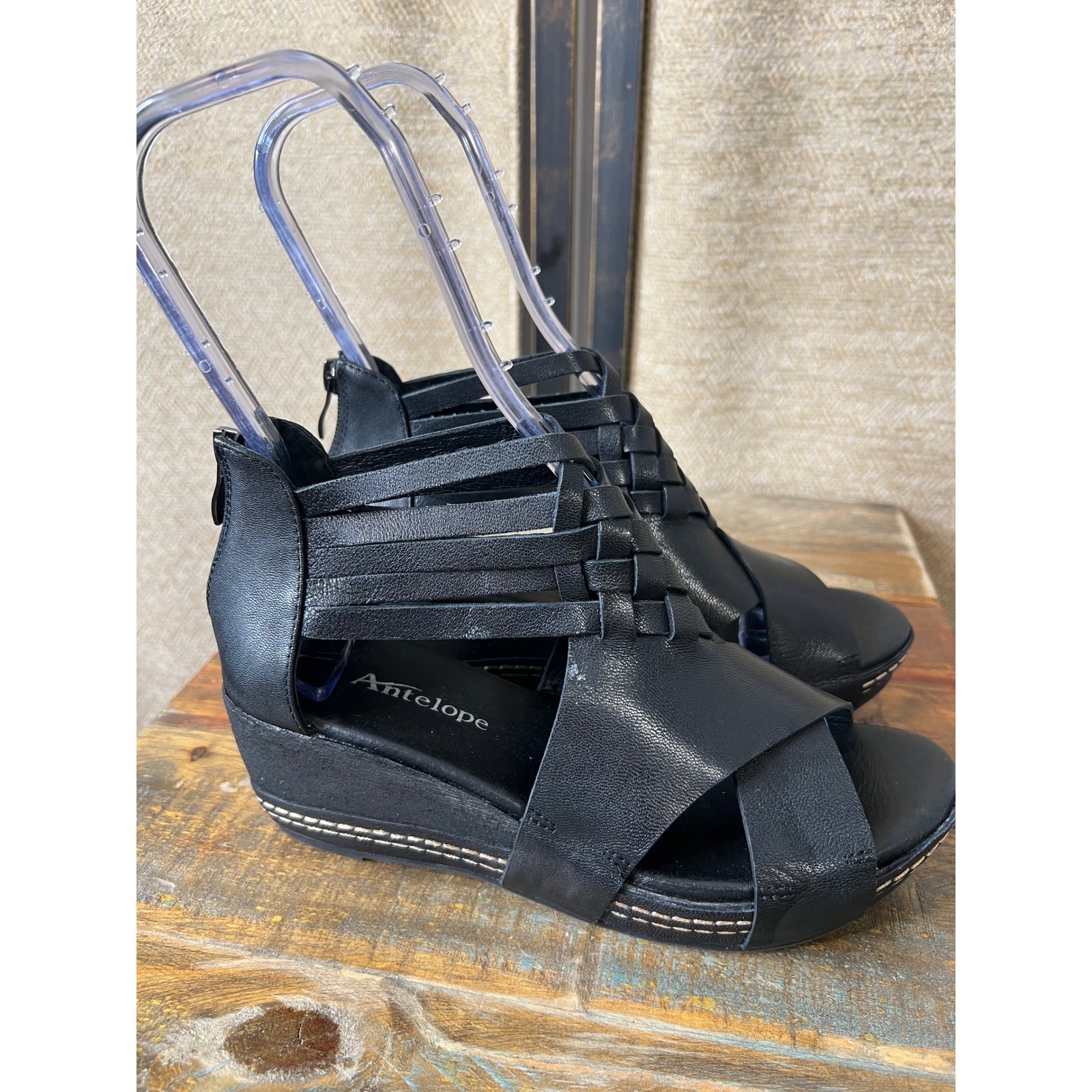 Sundance Antelope Davi Wedge Sandals Black Leather Woven Heel Gladiator 38