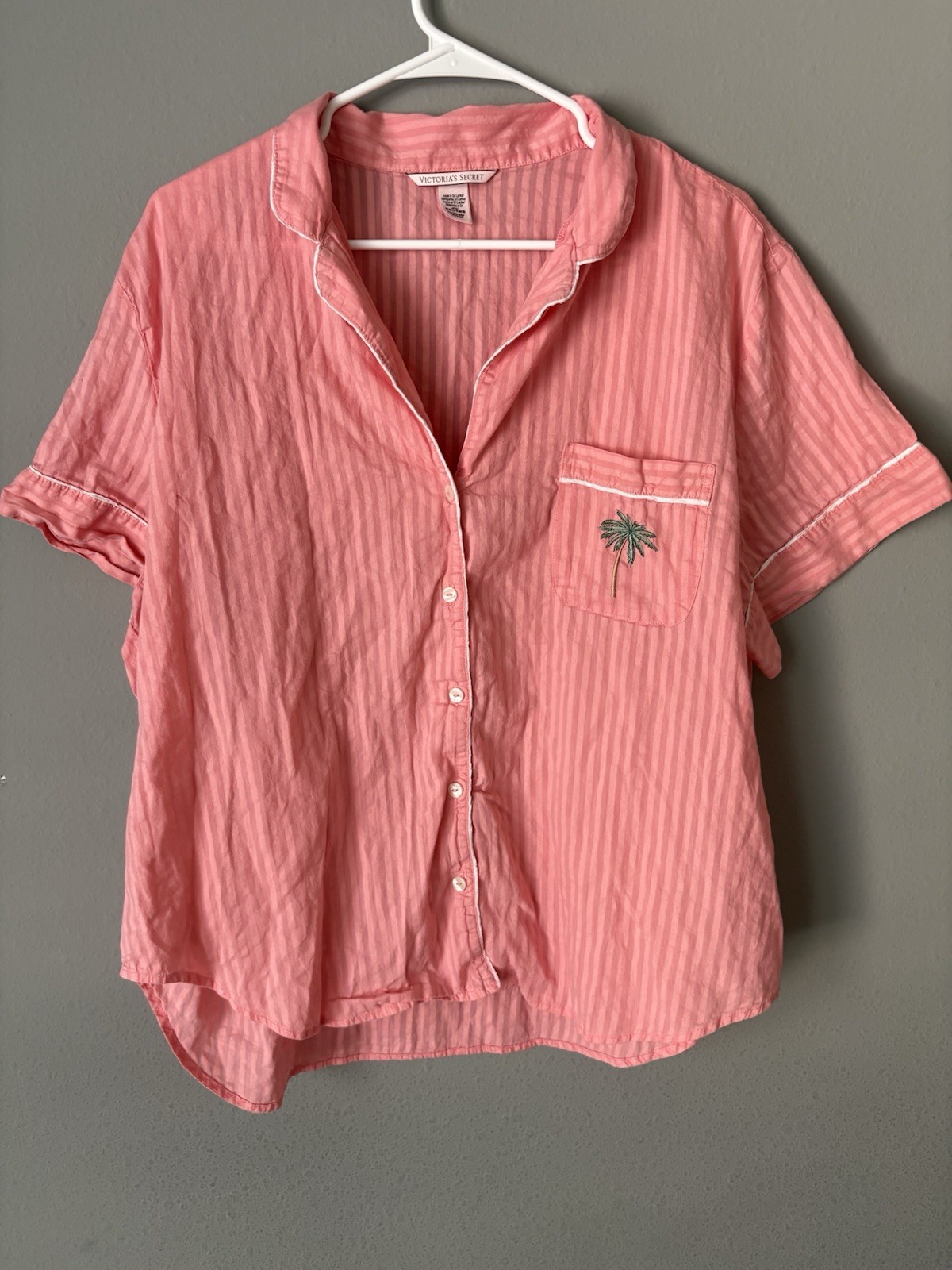 Victoria’s Secret Pink Striped Pajama Top XL Palm Tree Pocket Sleep Shirt
