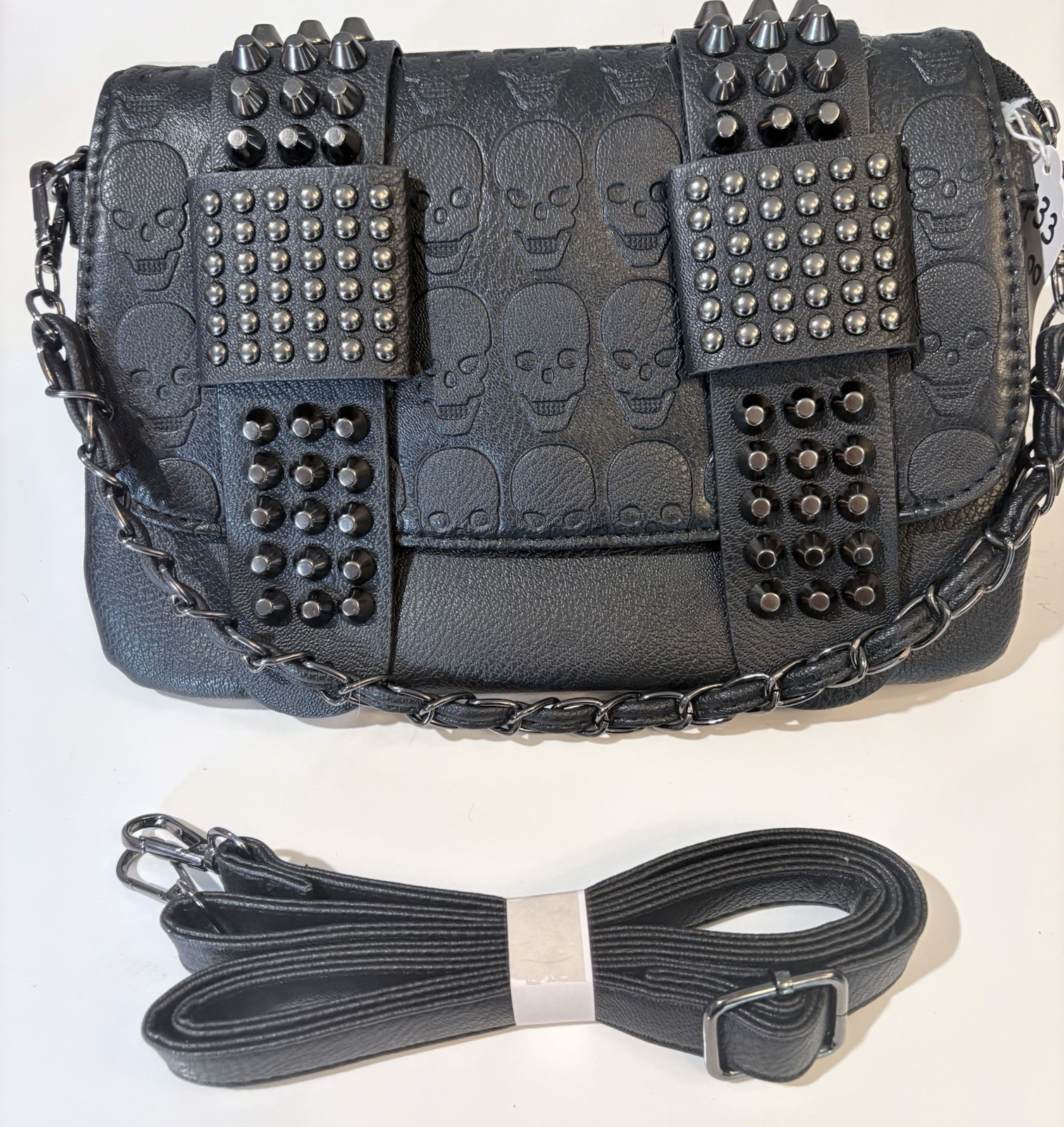 Black Skull Embossed Street Style Bag with Metal Accents & Crossbody Strap NEW