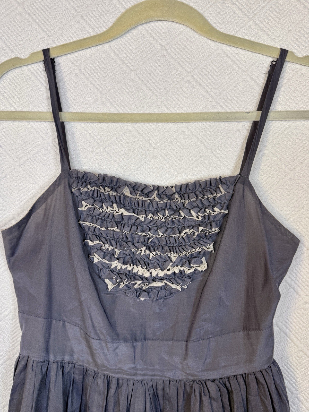 Burlapp Fit-and-Flare Grey Blue Silk Cotton Eyelet Dress Ruffled Bodice 4 Party