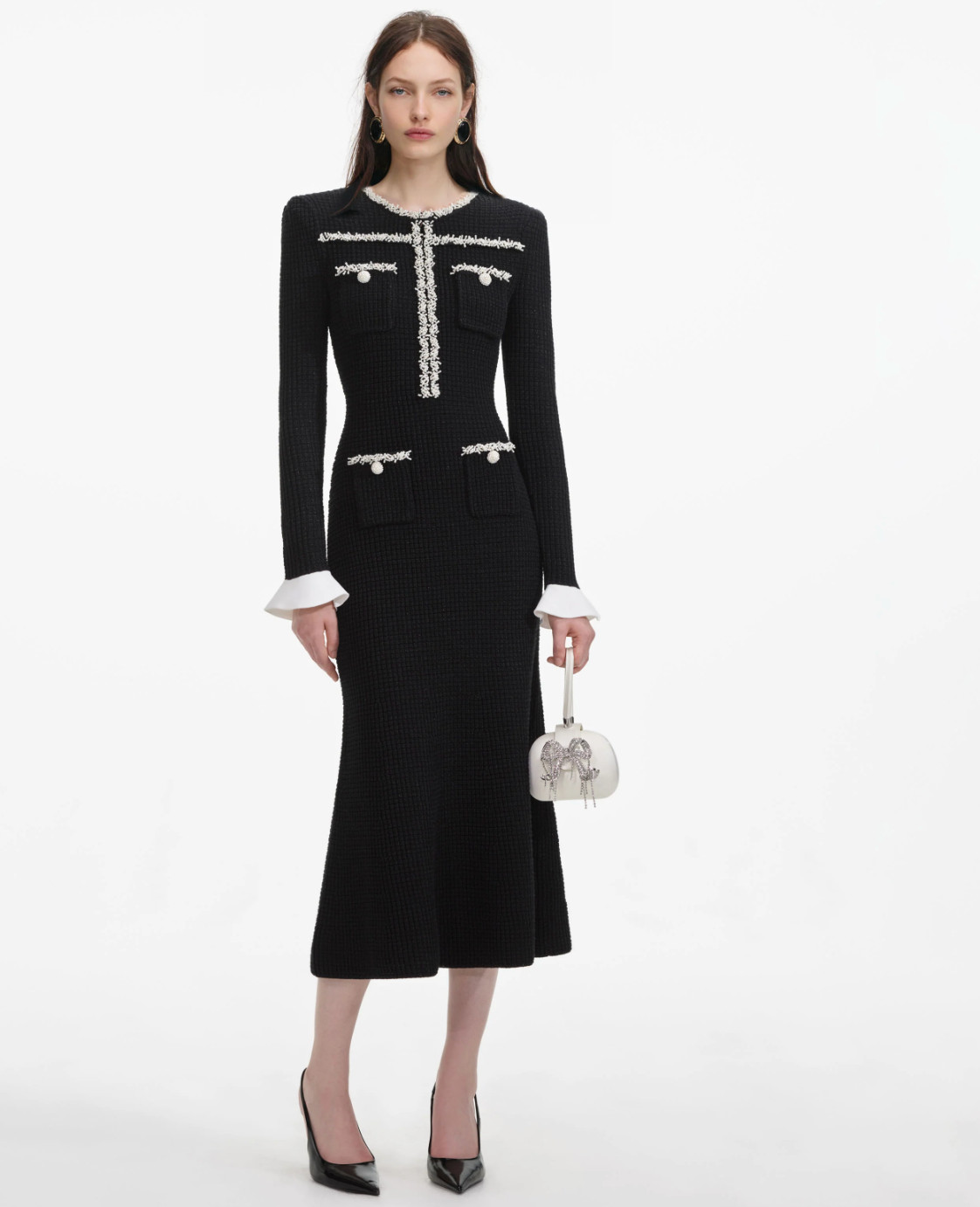 self-portrait – Black Pearl Trim Knit Midi Dress Small – MSRP $615 – NWT
