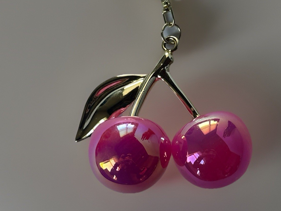 Iridescent Gloss Mirrored Cherry Bag Charms Keychain Gold + Velvet Dustbag