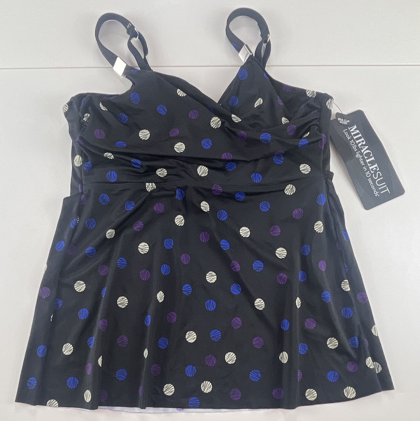 Miraclesuit Underwire Tankini Top Built-In Bra Black Polka Dot 38DDD