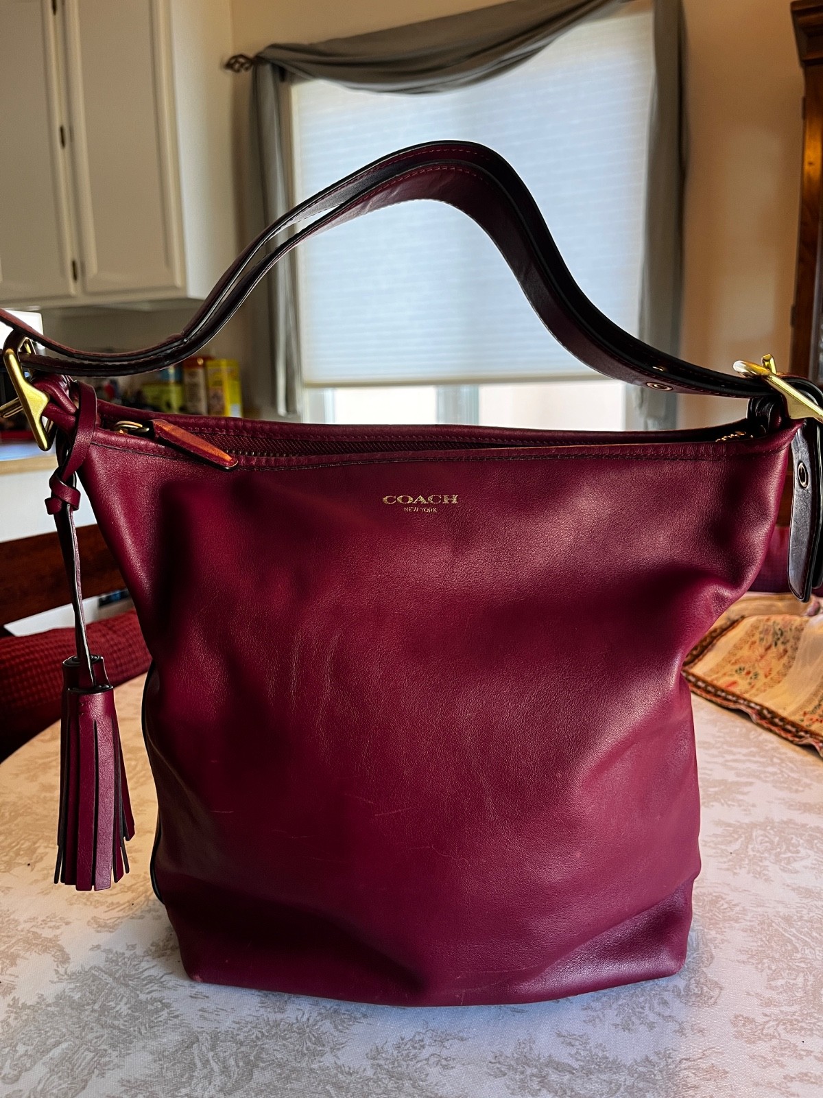 Coach Red Legacy Duffle Bag w/ Zipper, Adjustable Strap, Tassel Detail & Bag