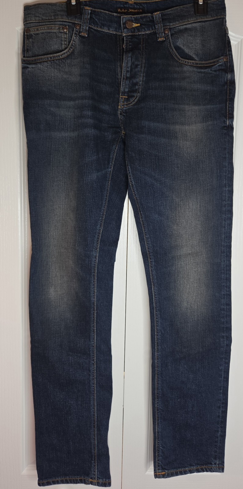 NUDIE GRIM TIM Navy Dark Blue Overlock Denim Regular Slim Fit Jeans Sz W32 L32