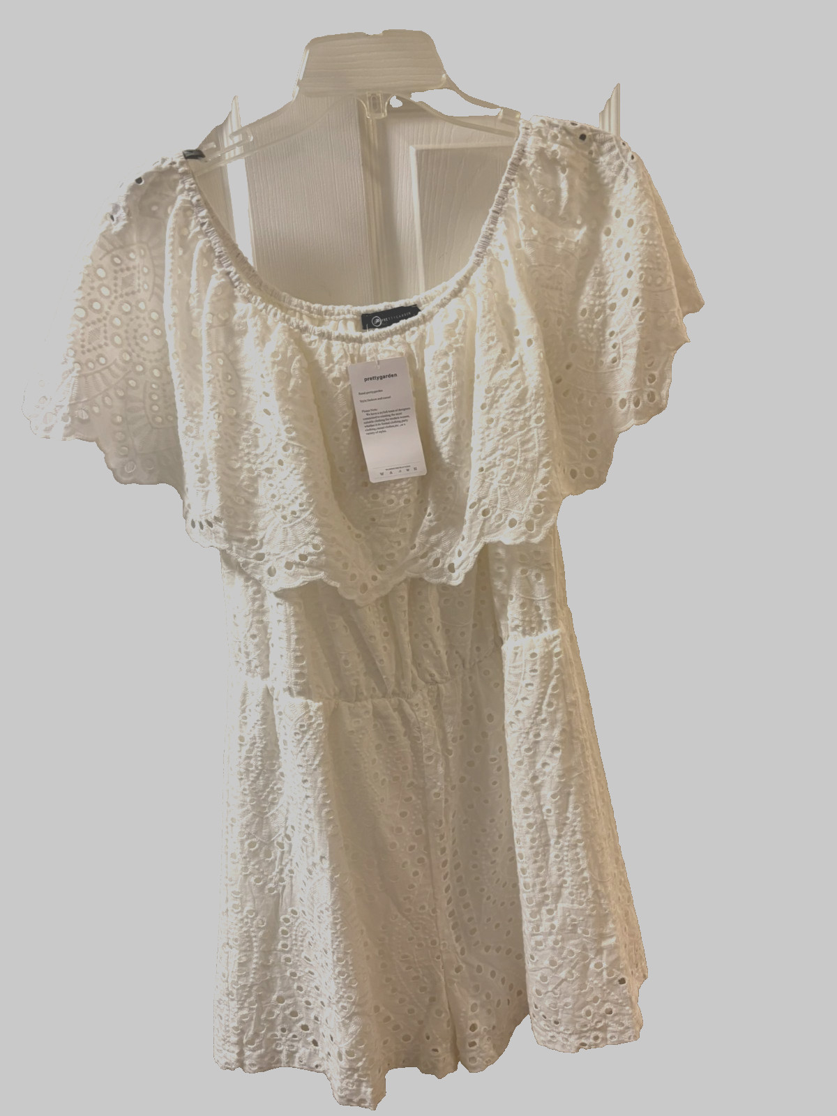 NWT PRETTY GARDEN WHITE EYELET COTTON LACE LINED ROMPER, SZ L