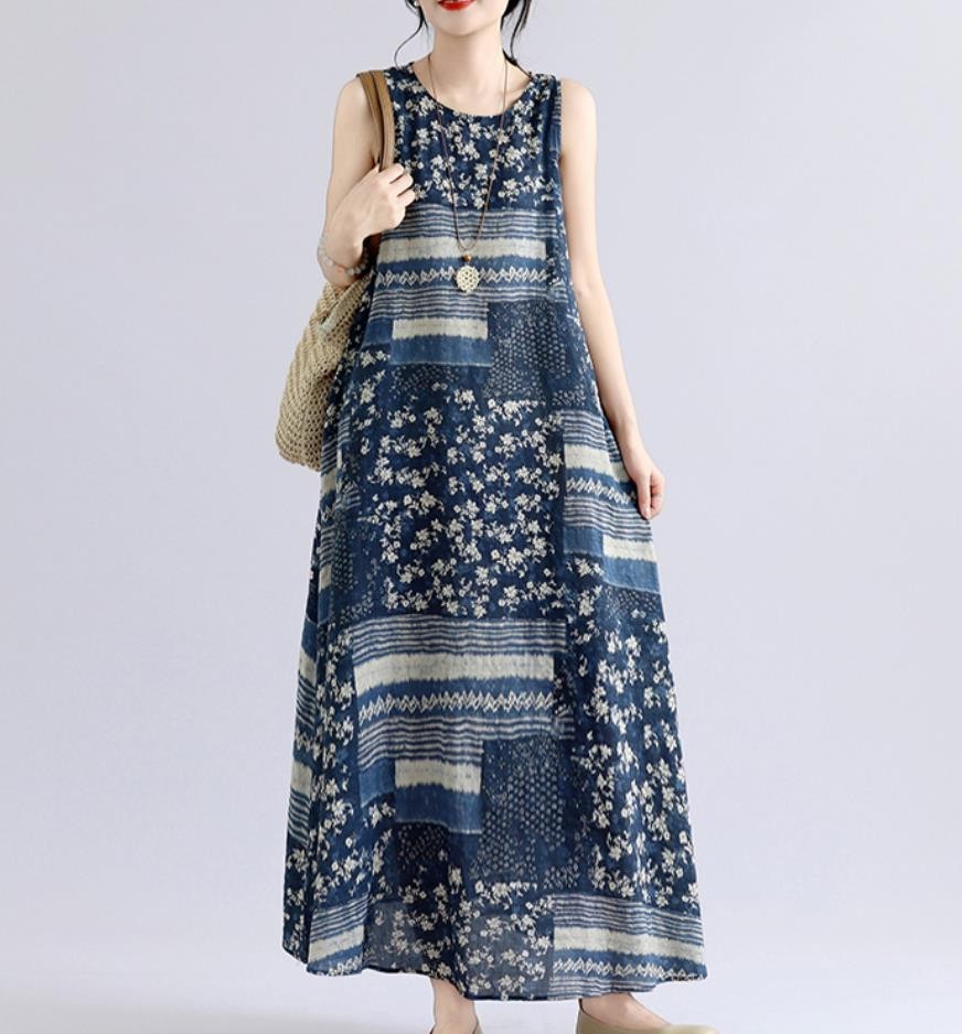 Women’s Dark Blue Retro Floral Printed Sleeveless Long Loose Fit Dress Bohemian