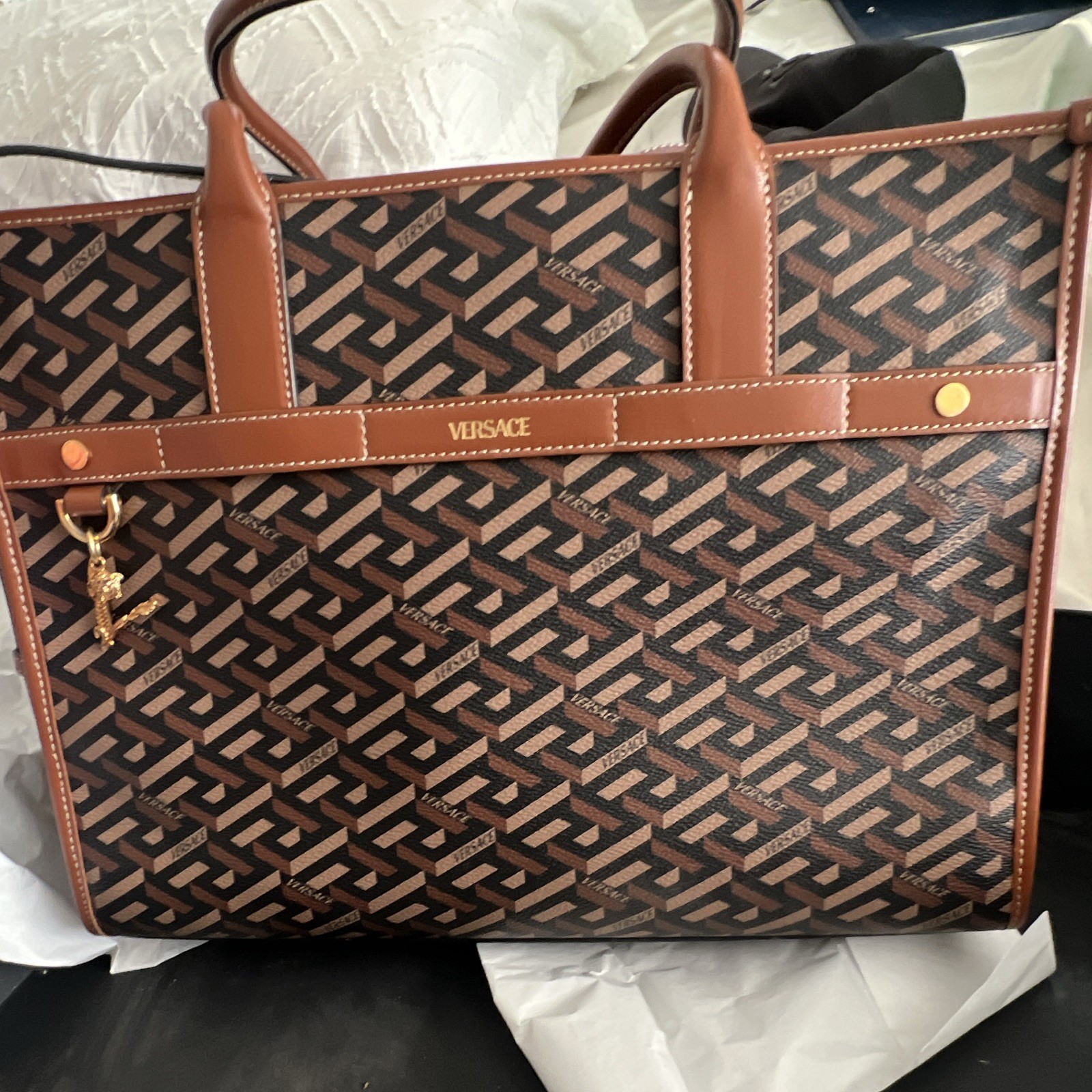 Versace Brown/Tan Logo Tote Bag Double Handles Snap Closure Gold Hardware Charm